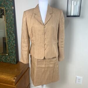 Kasper Sz 14 2-Piece Seer Sucker Skirt Suit w/ Blazer Jacket Gold Formal Career